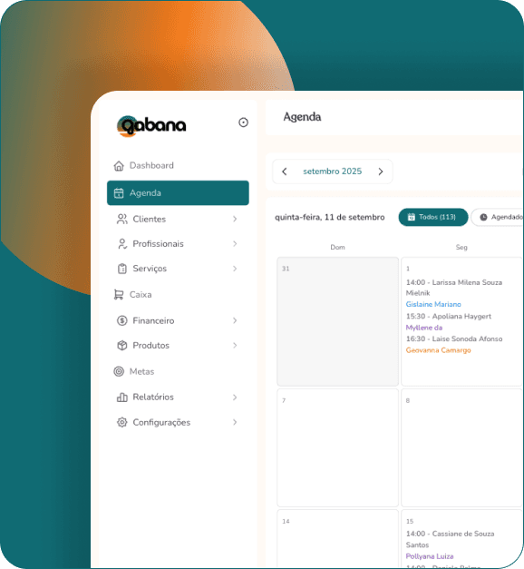 Tela do aplicativo Agenda Gabana em um celular, com agenda e gestão do salão